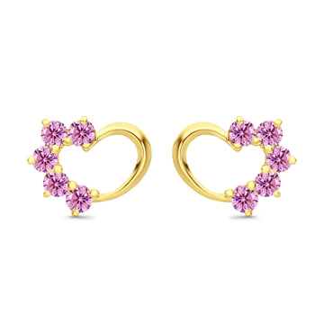 Solid 14K Yellow Gold Heart Stud Earrings Simulated Pink CZ with Screw Back